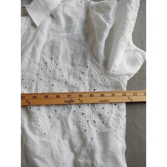 Joie Women XL 100% Linen White Eyelet Short Sleeve Button Crop Shirt Coquette - Picture 8 of 9